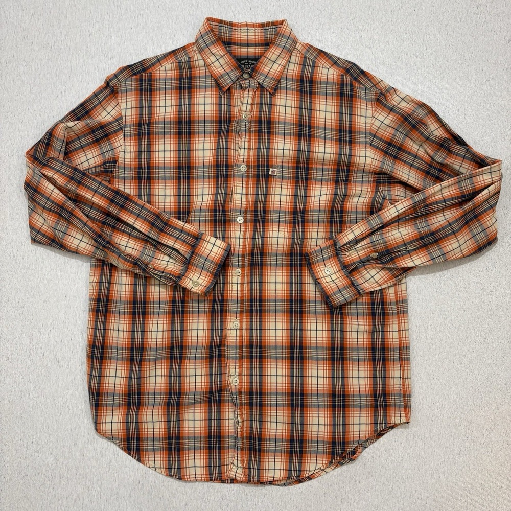 Ralph Lauren Polo Jeans Co Mens Plaid Long Sleeve Button Up Shirt Orange Medium